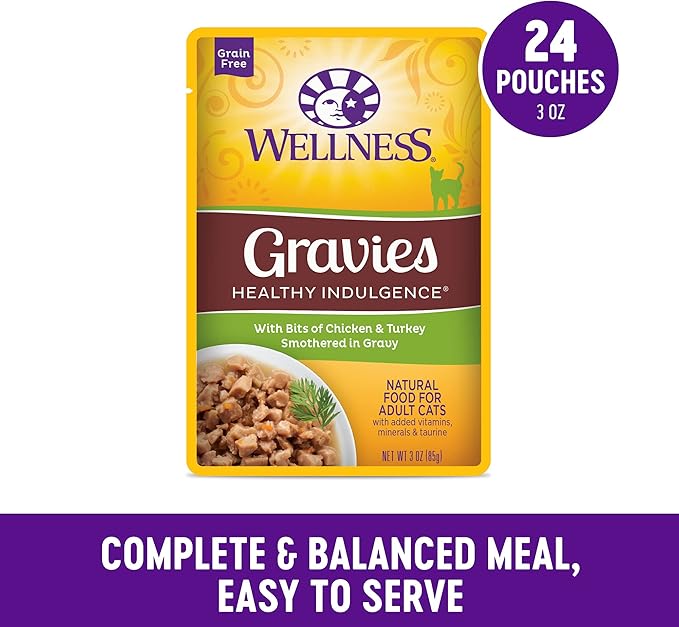 Wellness Healthy Indulgence Gravies Adult Wet Cat Food, Natural, Protein Rich, Grain Free, Chicken and Turkey Recipe, 3 oz, Pack of 24 Pouches