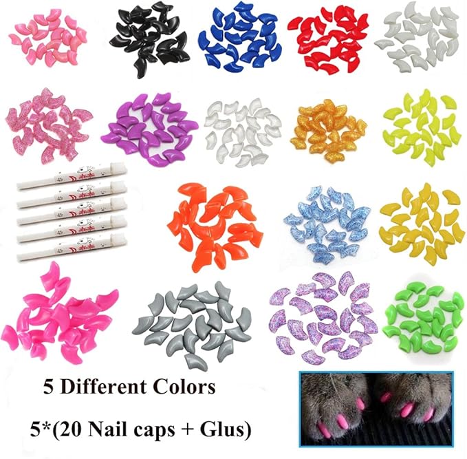 VICTHY Cat Nail Caps and Covers with Glue and Applicators - 100 Pieces in 5 Colors for Extra Small/Kitten Sizes