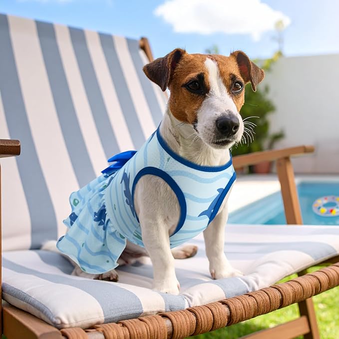 2-Pack Dog Summer Dress Breathable Puppy Cat Dresses with Bowknot Pet Summer Cool Outfits Skirts with Sea Fish Dolphin Patterns for Small Medium Dogs M