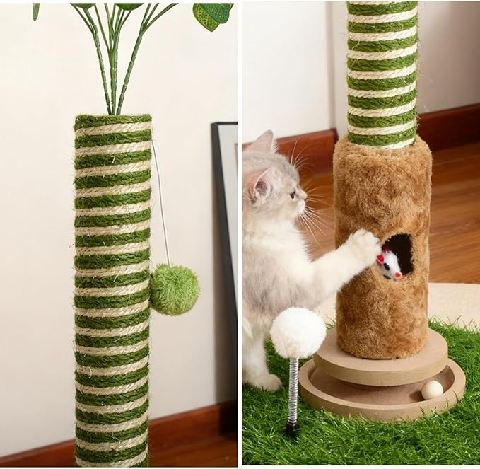 Cat Scratching Post, Two Tone Tall Sisal Scratch Pole For Indoor Cats,Artificial Turf Base Cat Tower With Hanging Toy,Double Ball Track & Simulated Mouse Hole,Strong Post For Kittens/Cats (35 in Post)