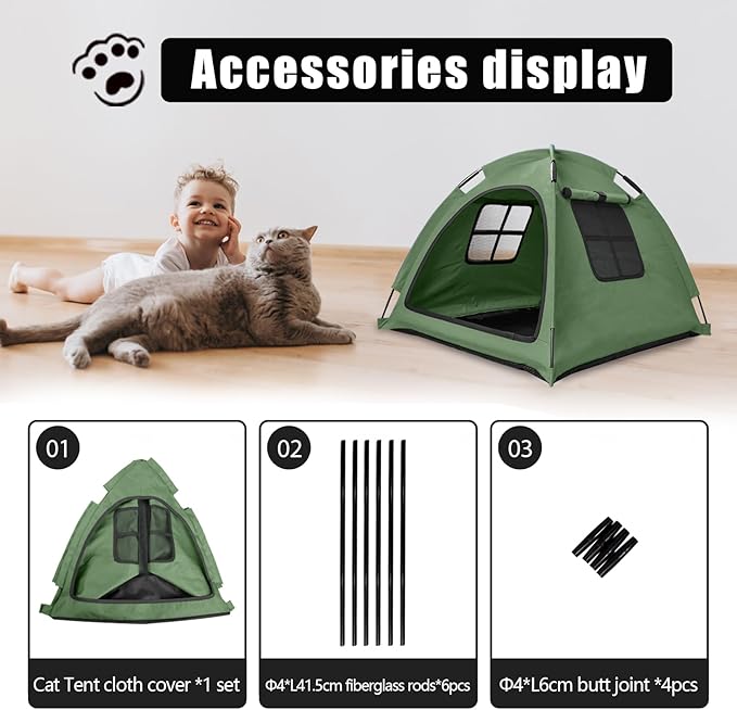 Anti-Anxiety Open Pet Tent, Calming Hideaway Monitoring Bed for Cats & Small Dogs, Breathable Mesh, Tool-Free Setup, Indoor Outdoor Travel, Green
