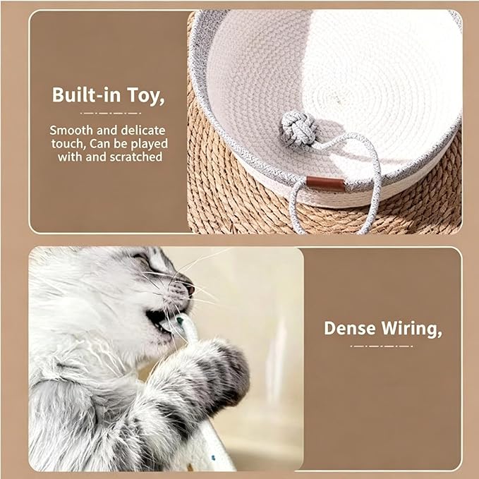 Handwoven Cotton Rope Interactive Cat Bed Basket, Foldable & Scratchable Nest with Toy Ball and Cushion, Stimulating Instinct Basket for Cats & Kittens, Silent Play Cat Basket Nest(Brown,Small)