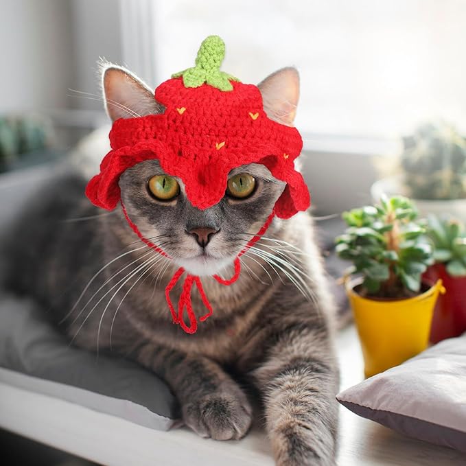 Strawberry Cat Hat, Cartoon Strawberry Design Knit Hat, Cotton & Soft Cute Knitted Hats, Funny Strawberries Dog Costume, Cute Costume Accessory for Puppy, Kitten, Small Animals, with Adjustable Cord