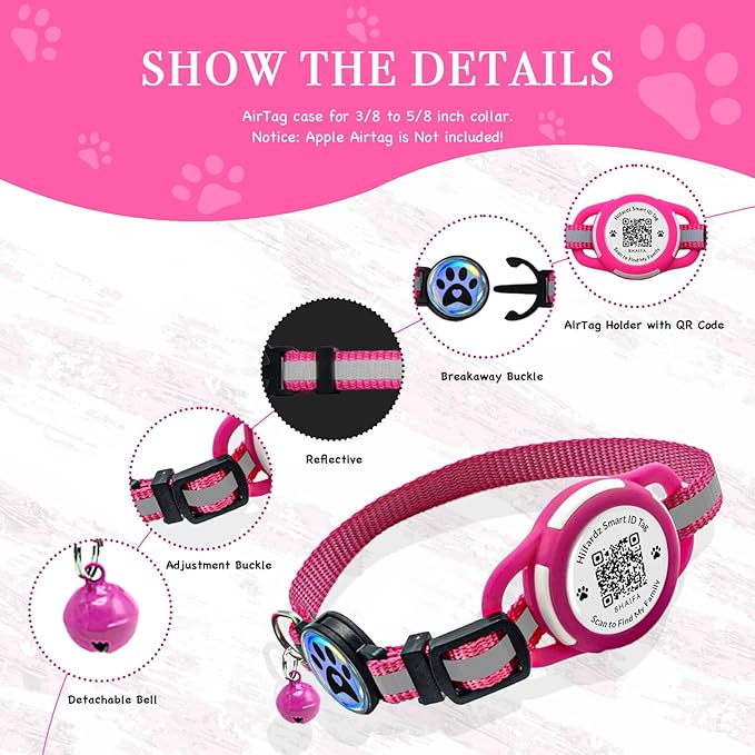 Cat Collar with Airtag Holder & QR Code Tag, Reflective Breakaway Kitten Collar with Quick Release Buckle, Adjustable Nylon Safety Collar for Indoor Outdoor Cats (Rose Red)