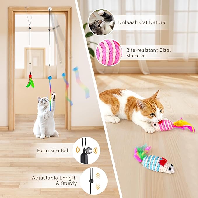 Cat Toys for Indoor Cats, 14Pcs 4 in 1 Cat Interactive Toys, Hanging Door Kitten Wand with Suction Cup Removable Feathers Balls Mice Butterfly Streamers