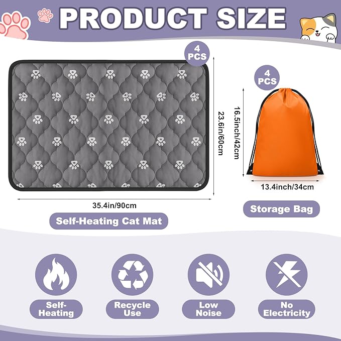 Riakrum 4 Pack 23 x 35 Inches Self Heating Cat Pad Mat Warming Pet Dog Bed Non Slip Washable Cat Kennel Crate Pad with Storage Bag for Indoor Outdoor Small Medium Dog Kitten
