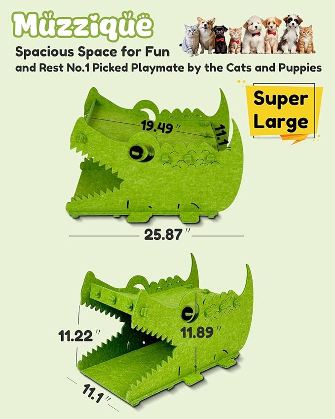 Cat Bed House Cave, for 25 LBs Indoor Cats, Large Cute Crocodile Felt Pet Perch, Scratcher Washable Kitten Playhouse, Enclosed Small Dogs Puppy Nest, Multi Layer Peekaboo Kitty Bedside Cube Furniture