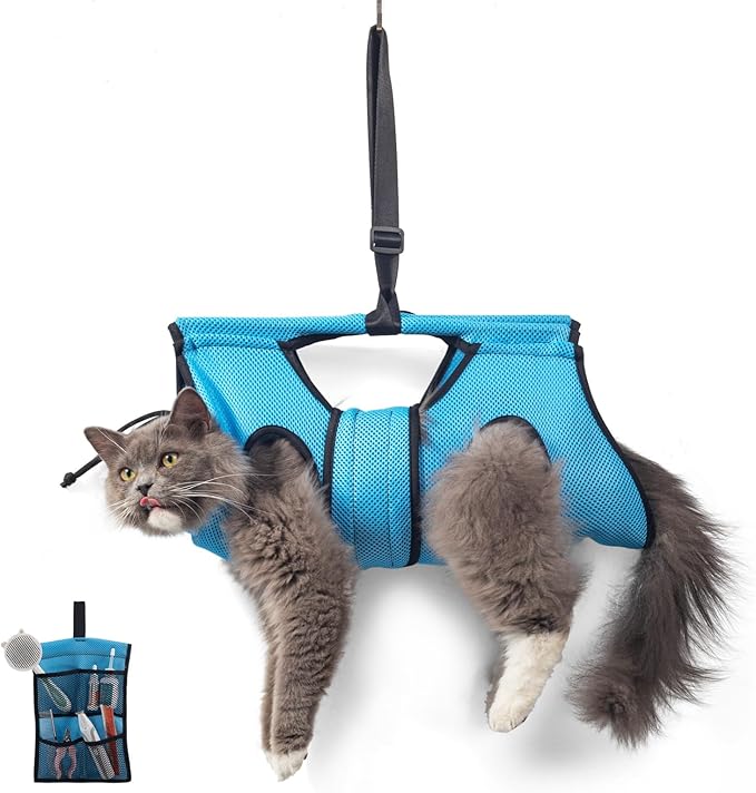Pet Grooming Hammock for 5-11 lbs Pets, Door-Hook Hanging with Adjustable Height & Full Straps, Machine Washable with 1 Tool Bag Included Blue