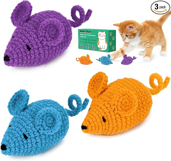 Retro Shaw Catnip Toys Crochet Mice Cat Toys, 3 Pcs Durable Yarn Cat Mouse Toys for Indoor Cats, Stuffed with Natural Catnip & Silvervine Blend, Handmade Interactive Kitten Chew Toy for Teeth Cleaning
