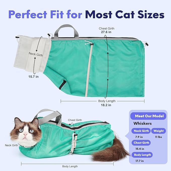 Cat Bathing Bag Anti Scratch Bite Breathable Mesh- Cat Grooming Bag for Nail Trimming, Injections, Medication, Dental Care, Vet Visits, Cats Shower Bag with Zippers,Green M