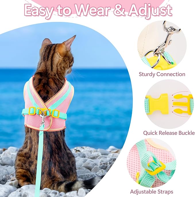 Cat Harness and Leash Set Escape Proof, Adjustable Cat Vest Harnesses Soft Kitten Harness Reflective Strips Jacket with Flower, Breathable Mesh Harnesses for Cats Puppy Easy to Wear Outdoor Walking