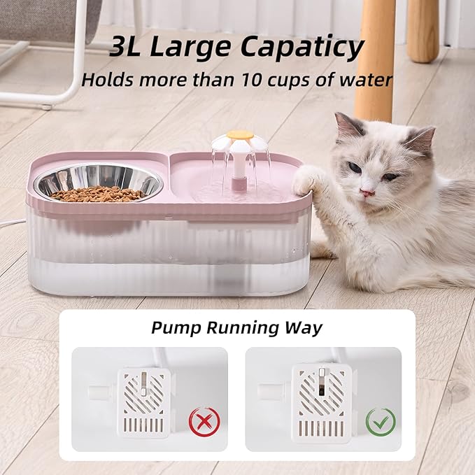 Cat Water Fountain and Food Bowl + 9 Pcs Filters (Pink)