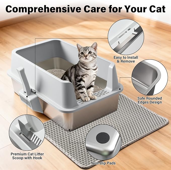 2PCS Stainless Steel Cat Litter Box with Lid Large to XL,Metal Litter Box High Sides for Big/Multiple Cats,Open Design,Indoor,1-Mat and 1-Scoop,Easy to Clean, No Odor,Anti-Urine Leakage