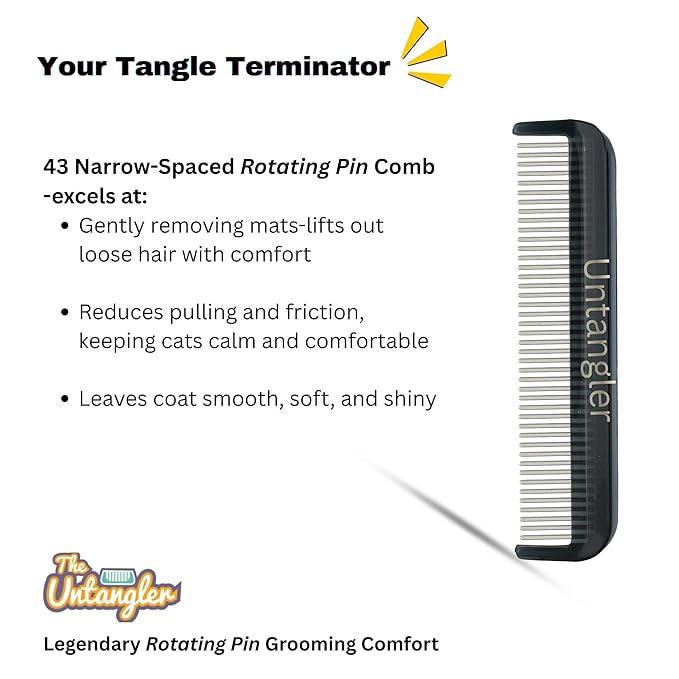 Cat Comb with Silky Smooth Rotating Teeth - Clears Mats Gently and Easily (5" Ultra Fine Teeth; 7" Dual Teeth) (Black, 5")
