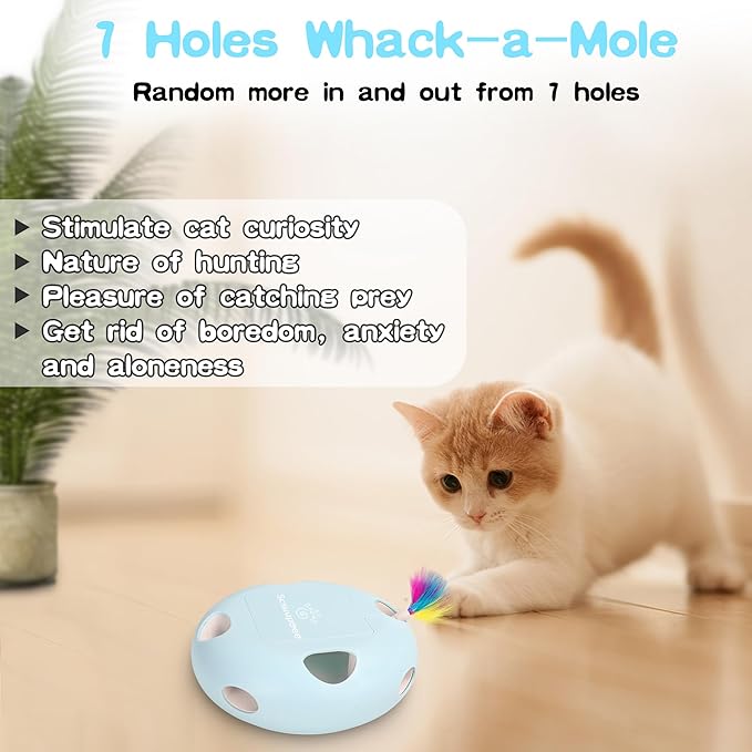 Cat Toys, Rechargeable Interactive Cat Toy, Smart Sensor Pop-Up Feather Toy with 7 Holes, USB Powered Automatic Kitten Toy for Indoor Cats, Blue