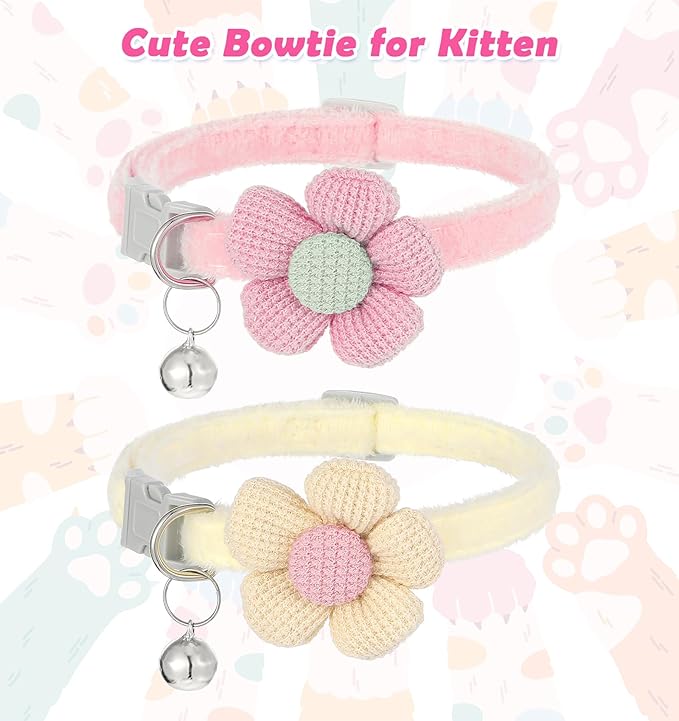 2Pcs Flower Cat Collar, Cat Collars for Girl Cats Pet Plush Flower Collars in Pink and Cream, Adjustable Safety Design for Small Dogs and Cats with Bell, Cute Puppy Accessories