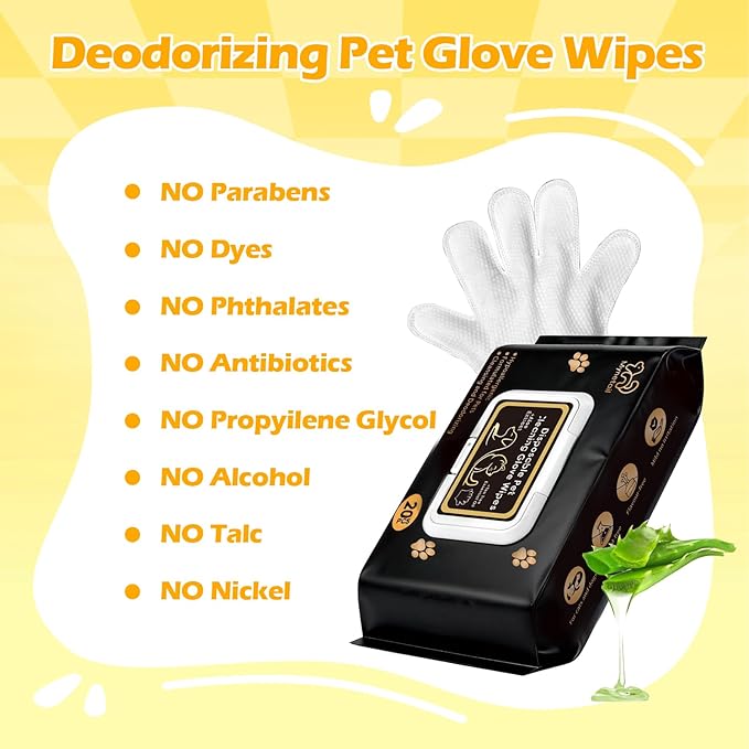 Pet Grooming Gloves (20 Count), Hypoallergenic Deodorizing Wipes for Dogs & Cats - Disposable Bath & Coat Cleaning Gloves for Shiny Fur