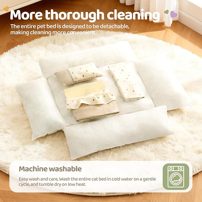 Jiupety Cat Bed for Indoor Cats Removable Washable Pet Beds with Slip-Resistant Bottom Ruffled Puppy and Kitten Beds with Pillow, Beige 21"x15"