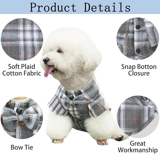 MAMORE Plaid Dog Shirt, Cute Puppy Outfit T-Shirt for Small Dogs Boy Girl, Soft Breathable Pet Cat Clothes Easter Thanksgiving Christmas Costume Apparel