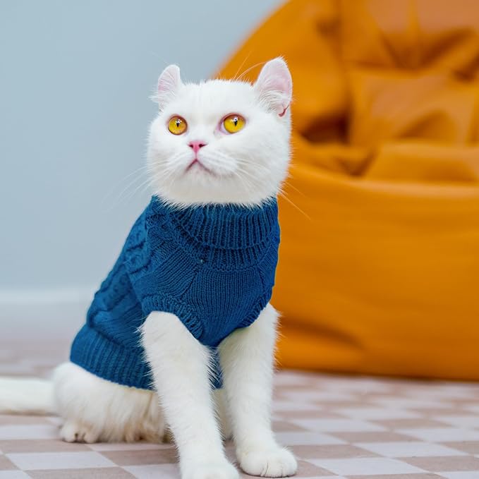 PUPTECK Winter Cat Sweater Coat - Soft Warm Cold Weather Clothes Knitwear for Kittens & Small Dogs Indoor Outdoor Wearing, Knitted Classic for Doggies Kitties Girls Boys, Dark Blue, S