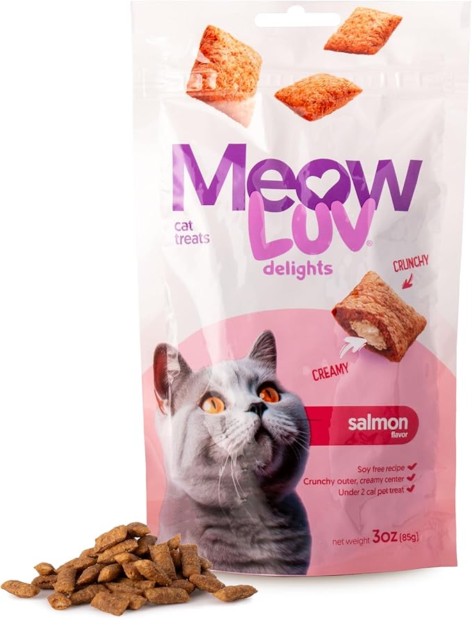 Ultra Chewy Meow Luv Delights Crunchy Cat Treats with Creamy Center - Salmon and Chicken Flavors - Premium Cat Snacks - Soy-Free Recipe - Healthy Treats for Indoor Cats - Under 2 Calories - 4 Pack