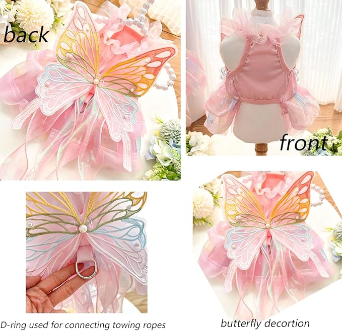 Rainbow Butterfly Princess Pet Skirt with D-Ring - Lace Tutu Set, Suitable for Puppies/Kittens, Chihuahuas, Yorkins, and Pomeranians | Holiday and Daily Wear (Rainbow-Butterfly, Medium)