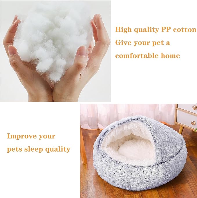 SUOXU Cat Beds for Indoor Cats,Plush Hooded Cat Cave for Puppy Kitty Small Dog Bed,Removable Washable Non-Slip Bottom Self Warming Round Fluffy Faux Fur Super Soft Calming Sleeping Pet Bed(Gray)