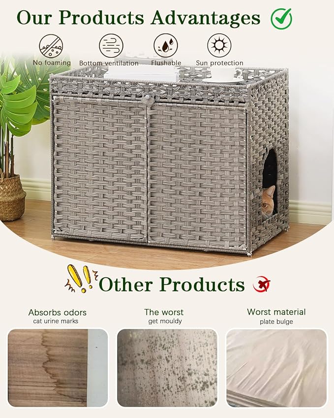 SETVSON Cat Litter Box Enclosure Furniture, Handwoven Rattan Hidden Litter Box with Mat, Large Space Cat House with 2 S-Shaped Hooks 30.3 x 18.3 x 24.4 Inches, Indoor for Living Room Apartment Gray