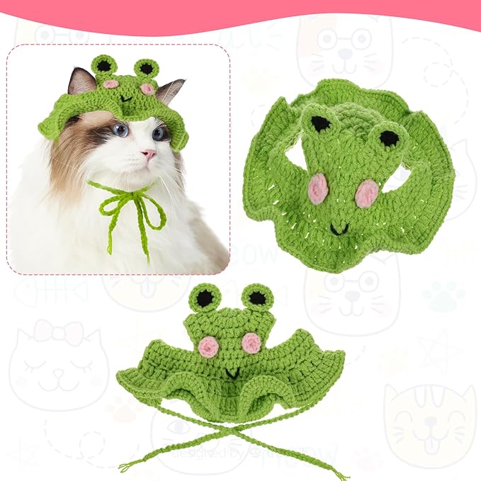 Piriuuo Frog Cat Hat, Cotton & Soft Cute Knitted Hats for Cats Frog Crochet Cat Hats for Cats Only Cute Puppy Hat for Small Pets on Christmas Birthday Party Halloween (Green, S)