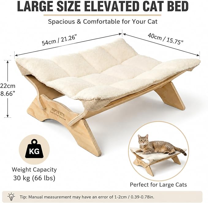JSPYFITS Elevated Cat Bed Hammock, Raised Orthopedic Dog Bed with Dual-Sided Plush & Linen Cushion, Modern Cat Furniture for Medium to Large Cats, Easy Assembly(White)