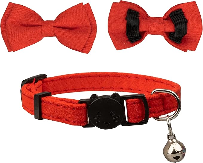 Cat Collar with Bow Tie Bell Breakaway Kitten Small Pet Safety Solid Wedding Basic Pure Color Suede Soft Adjustable [3pcs] Black & Cream & Red