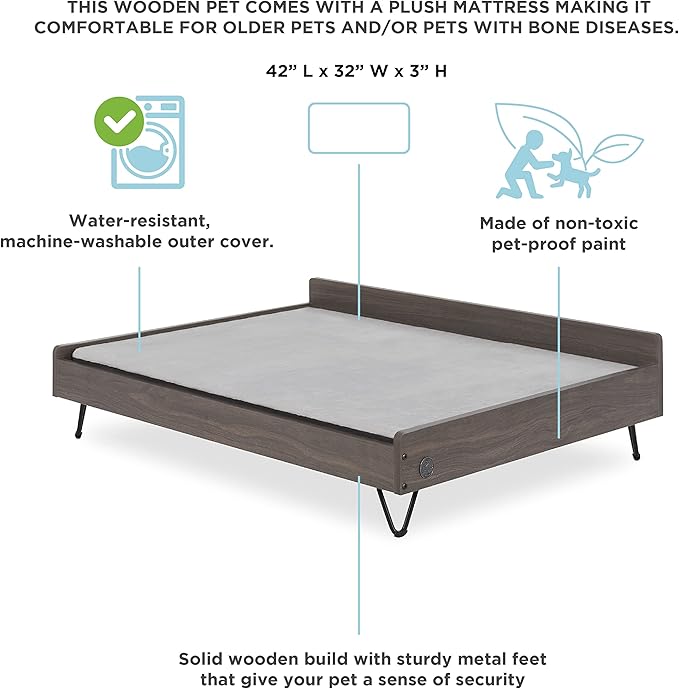 Wooden Dog Bed and Dog Couch with Water-Resistant and Calming Mattress, Large to Extra Large Elevated Pet Bed, Greenguard Gold Certified, Dog Beds & Furniture, Chase - TailZzz