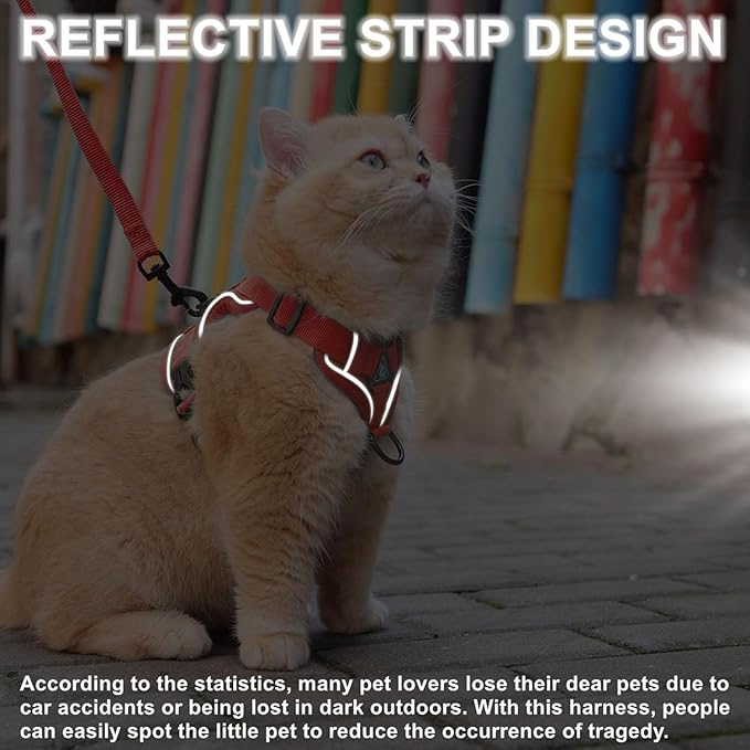 Cat Harness and Leash Set, Upgraded Escape Proof Adjustable Kitten Vest with Lead for Small Cat Outdoor Walking, Soft Breathable Mesh Jacket with Reflective Strips for Dark Night L Red2