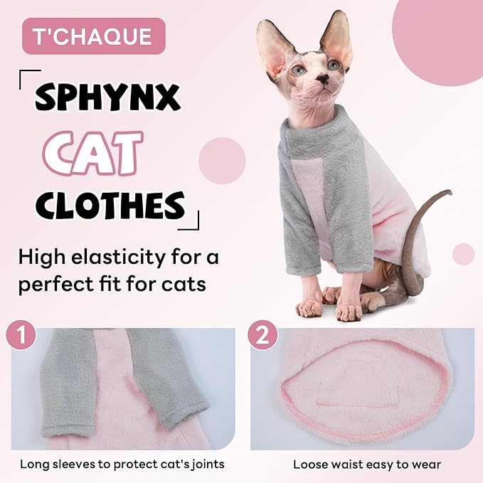 T'CHAQUE Sphynx Cat Clothes, Soft Fleece Sweaters for Hairless Cats, Pajamas With Sleeves, Winter Warm Outfit Onesie Jumpsuit Hoodie for Kittens