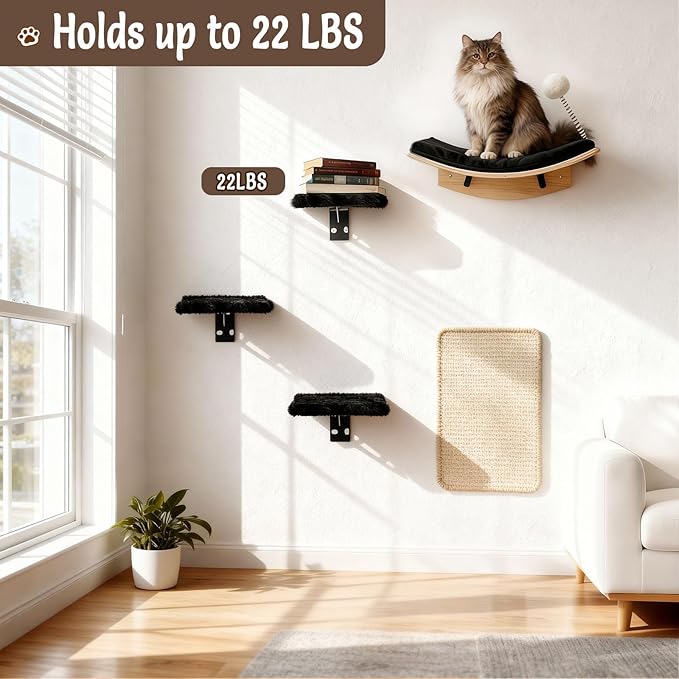 Cat Wall Shelves, 5 in 1 Cat Furniture Set with Soft Curved Pad，Modern Space-Saving Wall Mounted Shelves for Play & Rest