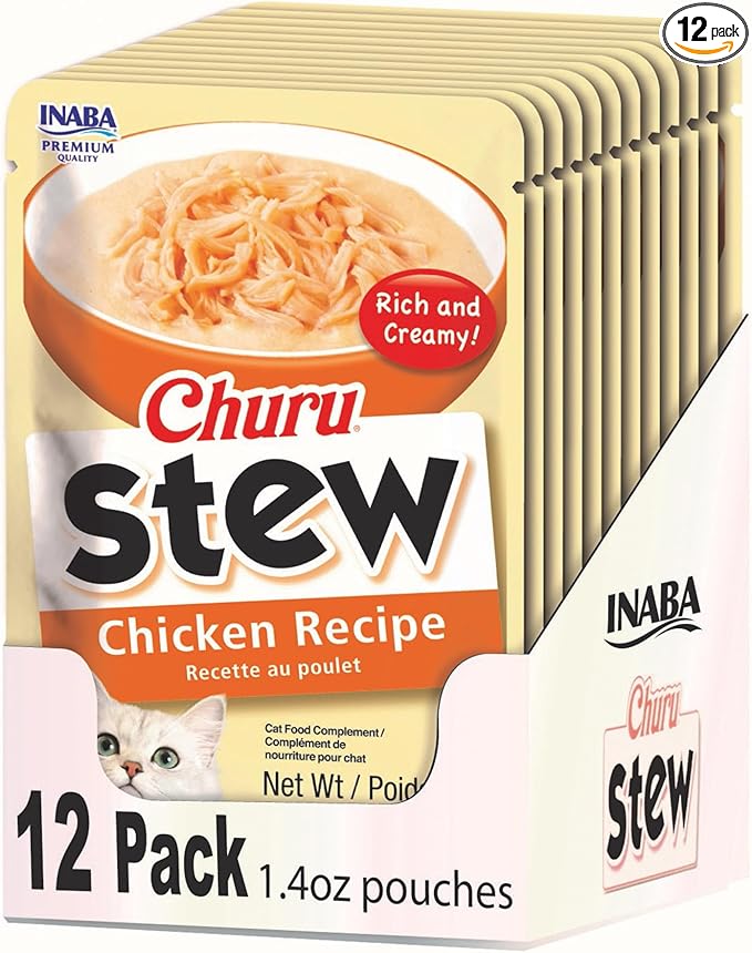 INABA Churu Stew for Cats, Creamy Broth Gelée with Shredded Chicken Topper/Treat Pouch with Vitamin E, 1.4 Ounces per Pouch, 12 Pouches, Chicken Recipe