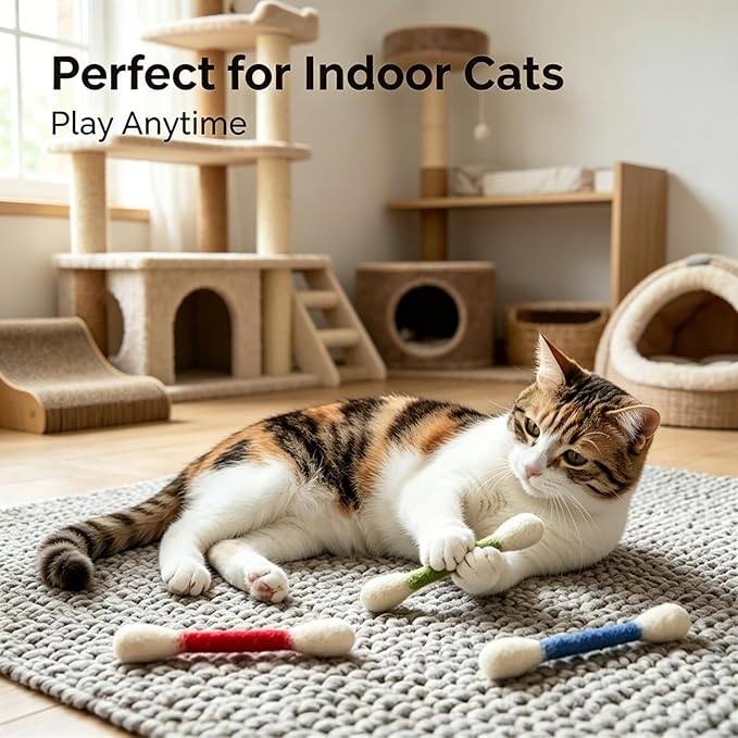 6 Pk Cotton Swab Cat Toy with Catnip, Giant Cat Qtip Toy Chew Sticks for Indoor Boredom, Big Interactive Felt Kitty Kicker Play Lover Gift Accessories1 (Beige)