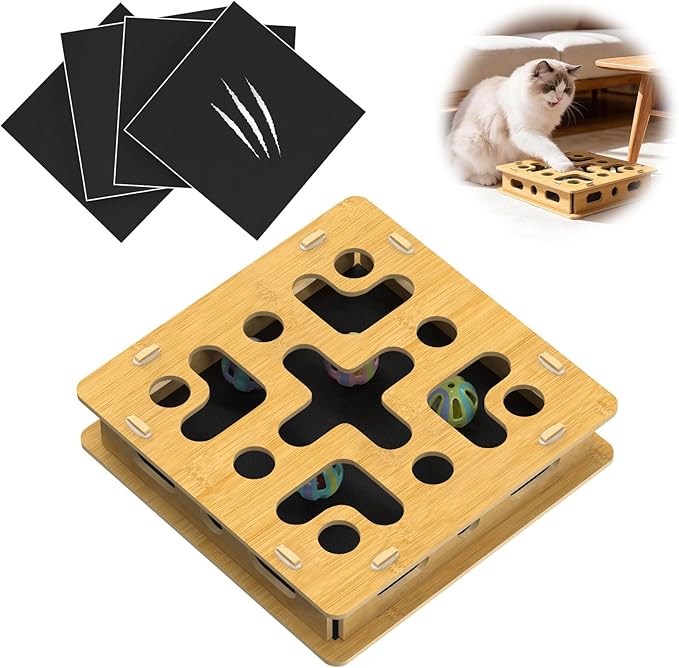 EIODEAR Cat Nail File Scratcher Box with 5 Sandpaper Pads & 4 Bell Balls, Sturdy Wood Cat Nail Scratcher to File Nails, Cat Toy Filer Toy for Treat-Motivated Cats, Included Silicone Security Rings
