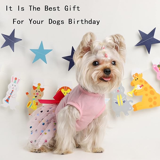 Dog Birthday Outfit Clothes for Small Medium Dogs, Print Colorful Polka Dot Mesh Dresses Girl Dog Clothes, Summer Tutu Princess Pet Puppy Clothing Doggie Outfits Cat Apparel, Large, Pink