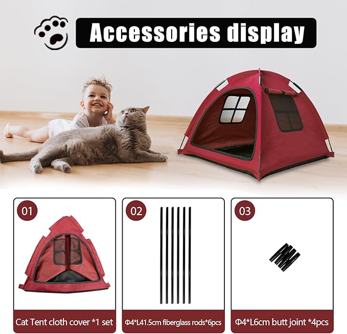 Anti-Anxiety Open Pet Tent, Calming Hideaway Monitoring Bed for Cats & Small Dogs, Breathable Mesh, Tool-Free Setup, Indoor Outdoor Travel, Red