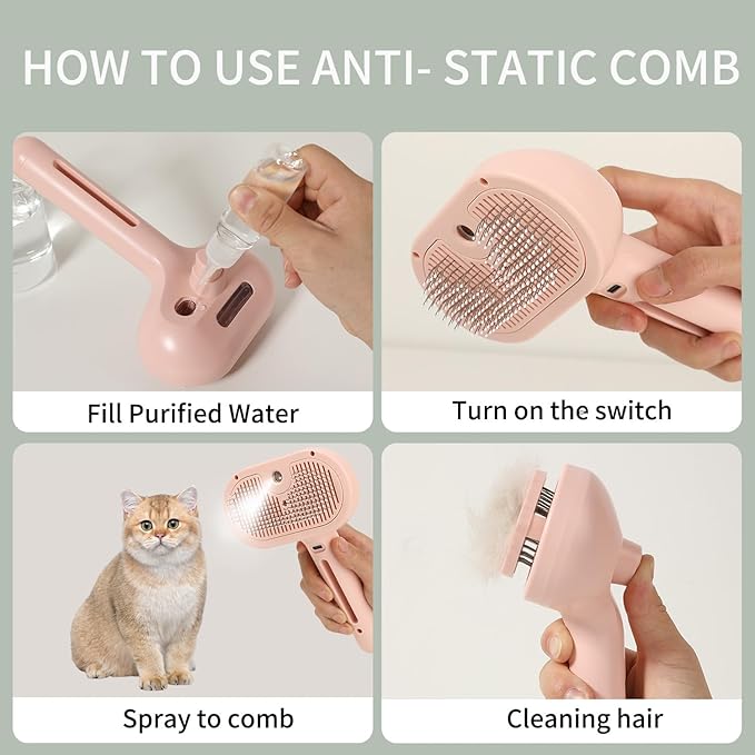 ORIGENCE Cat Steam Brush for Long Haired Cats, Dog Brush for Shedding Pet Grooming, Self Cleaning Hair Removal Comb, Pink
