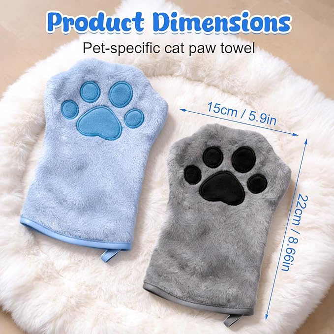 Paw Bathing Towel for Cats Puppy, Reusable Absorbent Quick-Dry Pet Grooming Towel, Soft Bath Mitt for Dirt Odor Removal, Daily Care and Travel, for Dogs & Cats (Blue+Grey)