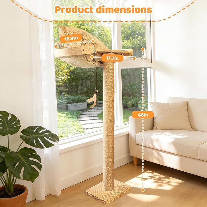 Cat Window Perch Hammock with 3-Piece Detachable Sisal Scratching Posts, Drill-Free Suction Cup Mount, Multi-Level Climbing Perch for Bird Watching, 45 LBS Capacity