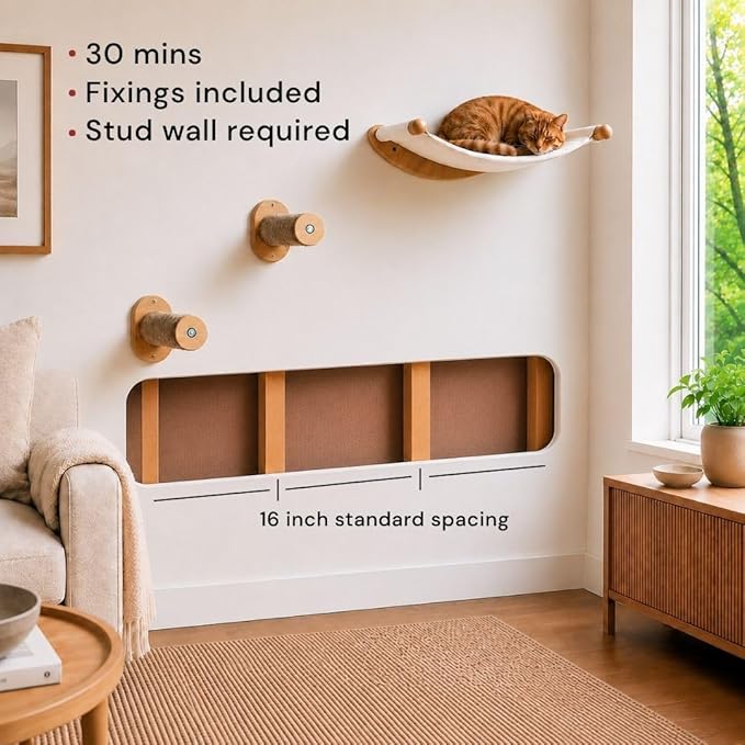 7 Ruby Road Alto Cat Wall Hammock Set — Wall Mounted Cat Shelves & Furniture with Climbing Steps for Large Cats, Holds 35 lbs, Indoor Climbing & Lounging, Replaceable Cushion