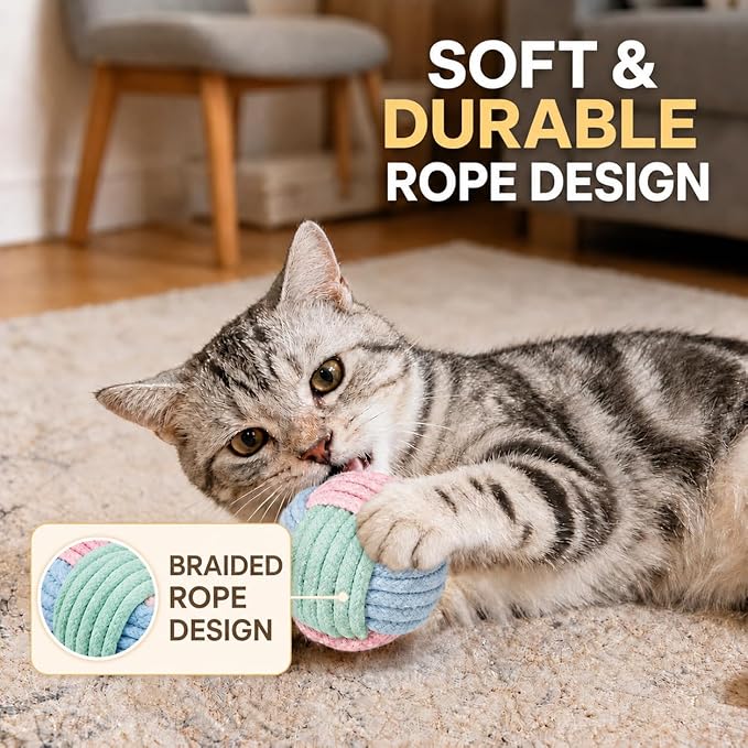 Kitten Toys & Cat Toys for Indoor Cats: 6 Pack Interactive Cat Toy Balls with Rope, Crinkle Cat Ball Toy for Chase, Chewing and Boredom Relief