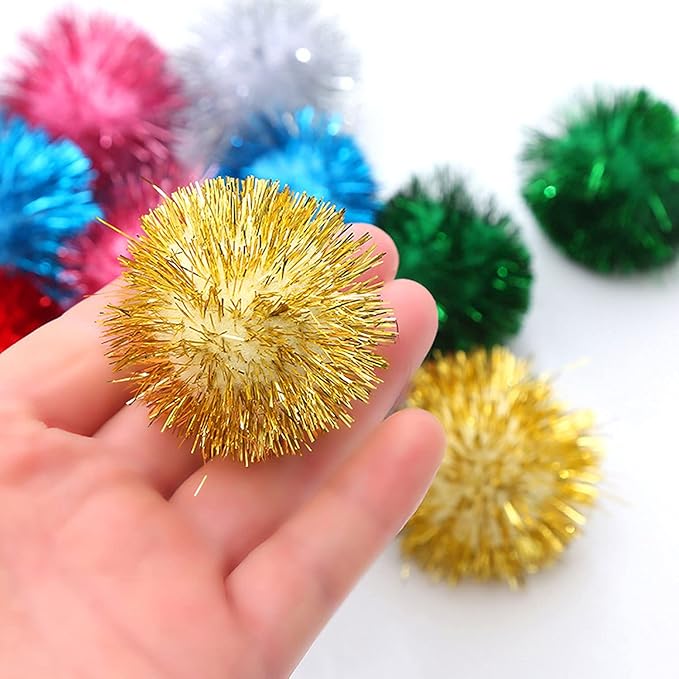 VOVIGGOL 20 Pack 2 Inches Sparkle Balls for Cats, Large Size, Glitter Pom Poms Fuzzy Balls for Cats, Kitten Indoor Assorted Color Random