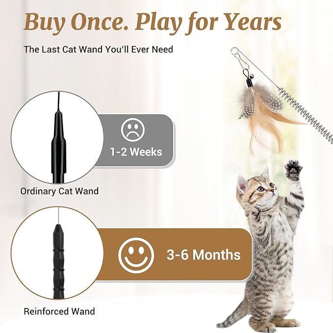 ROSAUI Durable Cat Wand Toy Set for Cats, 4 Steel Wire Teasers with Soft Spring, 7 Replaceable Feather Refills, One-Piece Molded Handle for Interactive Indoor Play, Best for Small to Medium Cats