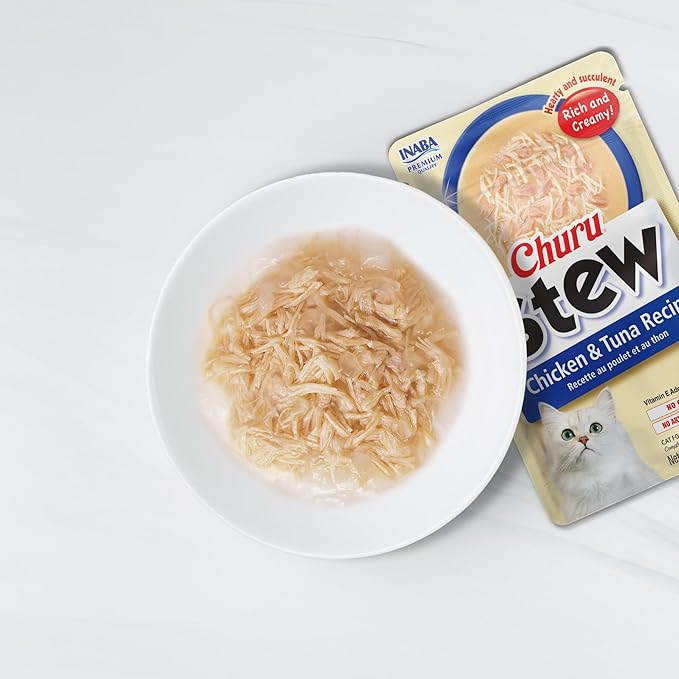 INABA Churu Stew for Cats, Creamy Purée Side Dish Pouch, 1.05 oz Pouches, 15 Pouches Total, Chicken and Tuna Variety