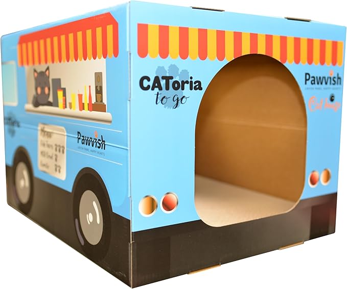 Food Truck Cardboard Cat House and Scratcher, Play House, Scratching Pad, Corrugated Hideaway Cave, Cute Kitty Condos Box, Bed for Indoor Cats, Kittens, Bunny, Fur Babies