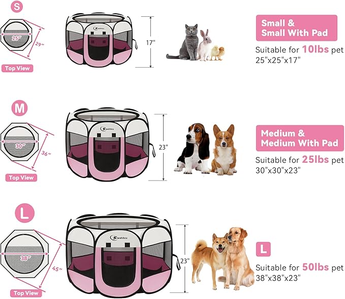 Siedihit Pink Puppy Playpen for Large Dog Cat, Dog Tent Crates Cage Indoor/Outdoor, Portable Pop Up Dog Kennel with Carrying Bag for Rabbits, (Pink, Large)